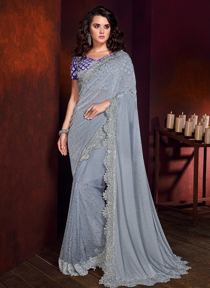 alluring grey colored partywear georgette silk base beads work saree