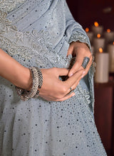 Load image into Gallery viewer, Buy alluring grey colored partywear georgette silk base beads work saree
