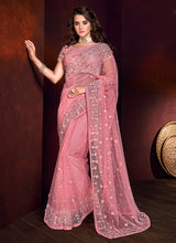 Load image into Gallery viewer, admirable pastel pink colored stone work partywear saree
