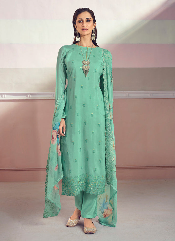 Round Neckline Embroidered Sea Green Color Pant Style Straight Suit