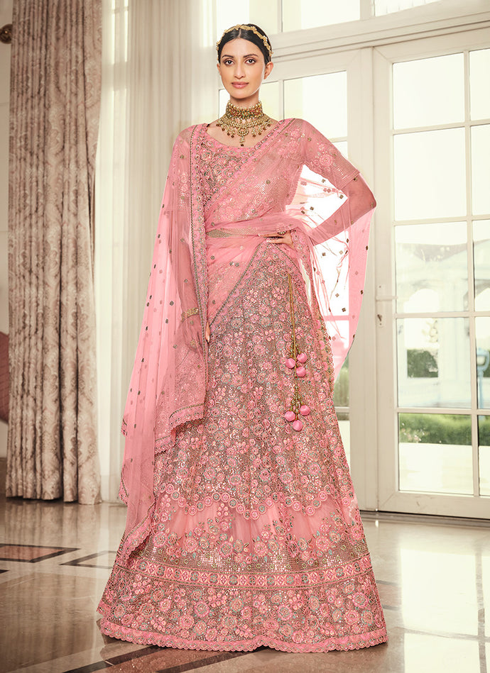 Light Pink Color Soft Net Base Thread And Sequins Work Lehenga