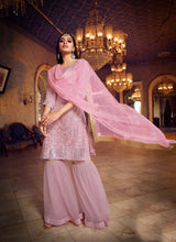 Load image into Gallery viewer, baby pink colored foil mirror worked organza base sharara suit
