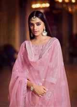 Load image into Gallery viewer, buy baby pink colored foil mirror worked organza base sharara suit
