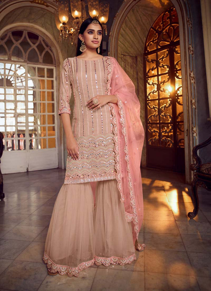 memorable peach colored foil mirror worked organza base sharara suit