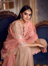 Load image into Gallery viewer, buy memorable peach colored foil mirror worked organza base sharara suit
