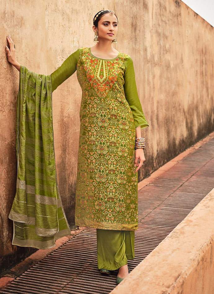 Silk Material Green Color Silk Weave Pant Style Salwar Suit