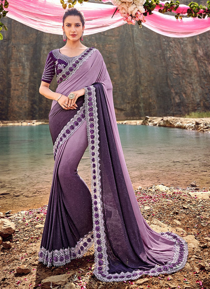 popular purple colored partywear designer saree