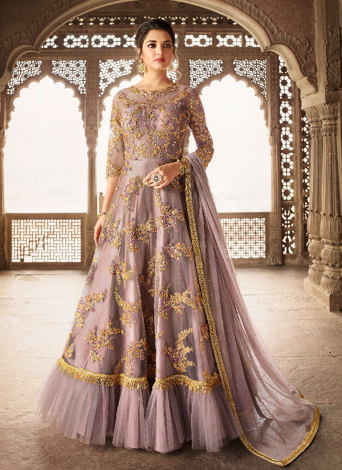 purple Precious embroidered designer gown with ruffles