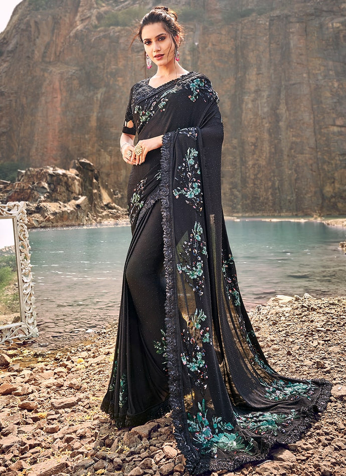 black colored partywear with designer blouse saree