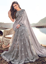 Load image into Gallery viewer, Shop extraordinary grey colored georgette silk base saree
