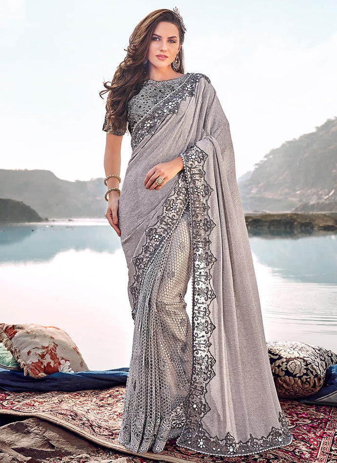 extraordinary grey colored georgette silk base saree