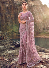 Load image into Gallery viewer, pastel pink colored stone work soft net base saree

