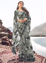 Load image into Gallery viewer, Buy classy grey colored heavy work soft net base saree
