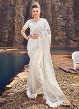 Load image into Gallery viewer, extraordinary white colored partywear soft net base saree
