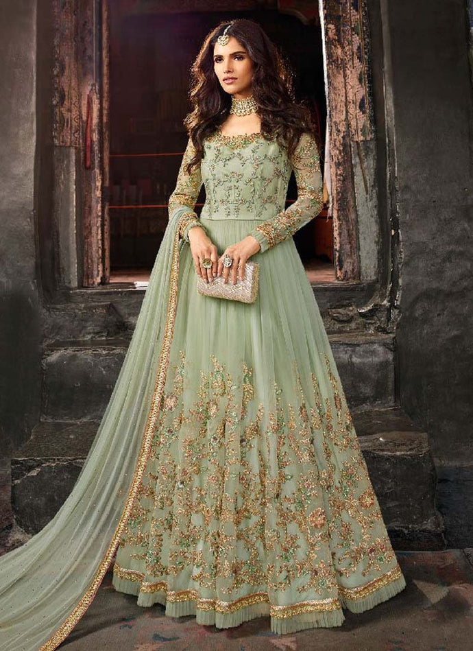 Stylish green designer gown with heavy embroidery work