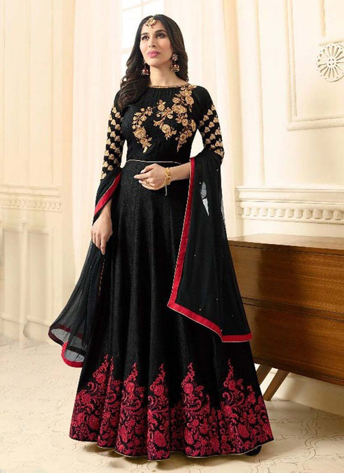 Occasion wear black colored with thread work designer gown