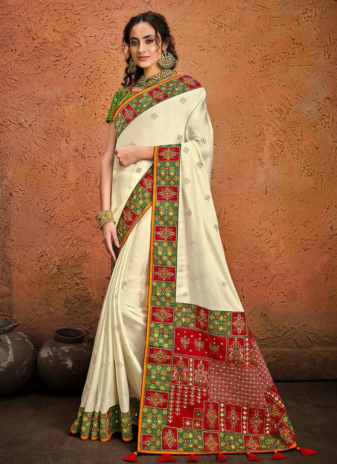 amazing weddingwear multi colored heavy work saree