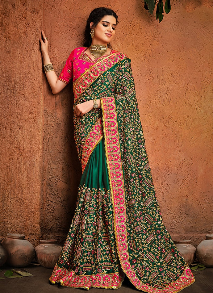 latest green and pink multi colored heavy work designer saree