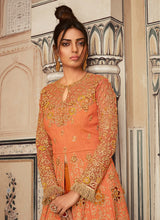 Load image into Gallery viewer, online outstanding orange heavy work embroidered slit cut suit
