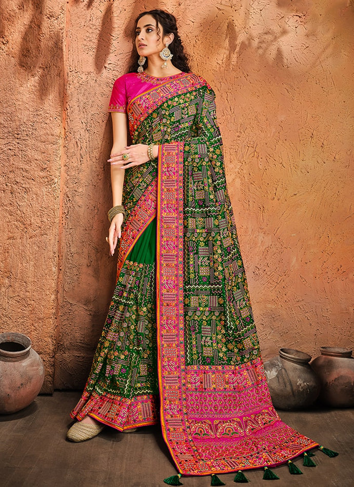 super class green and pink colored heavy work designer saree