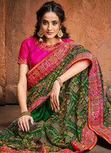 Load image into Gallery viewer, shop super class green and pink colored heavy work designer saree
