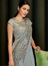 Load image into Gallery viewer, Order Heavily embellished grey colored partywear silk base saree
