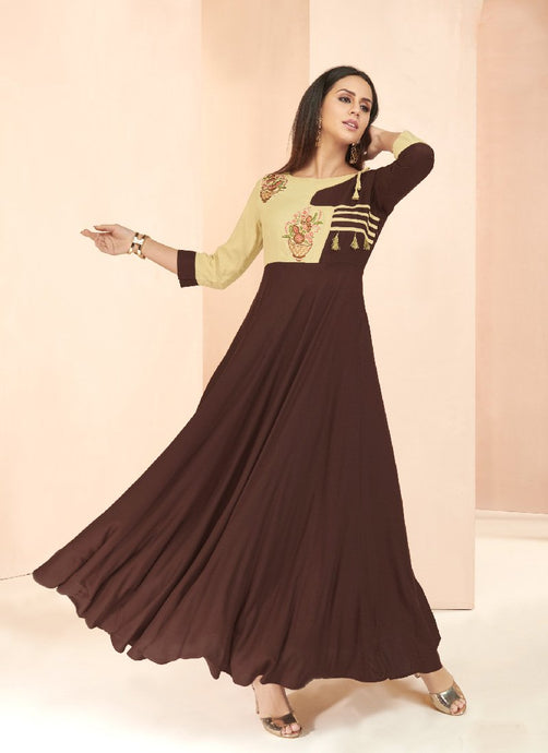 delicate brown color thread work  georgette base gown