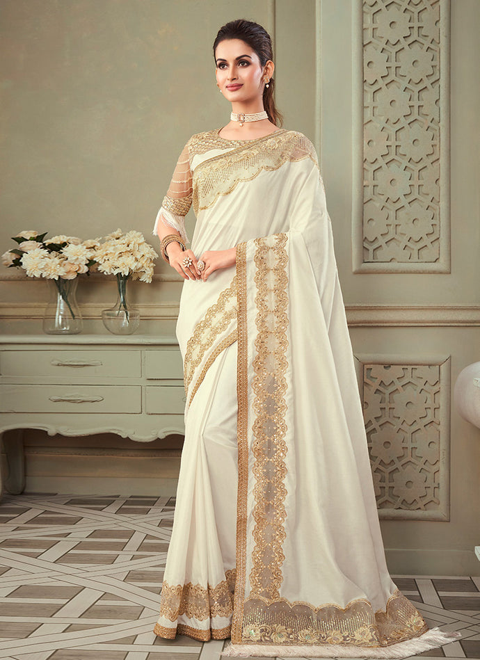 Off-White Color Silk Fabric Sequins Work Embroidered Saree