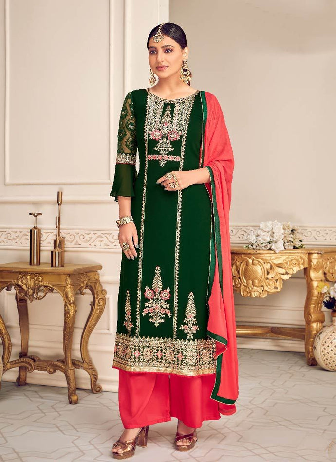 Gorgeous green and pink colored partywear palazzo suit