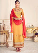 Load image into Gallery viewer, Sunny yellow colored heavily embellished straight suit
