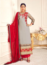 Load image into Gallery viewer, Fantastic grey colored partywear resham work straight suit
