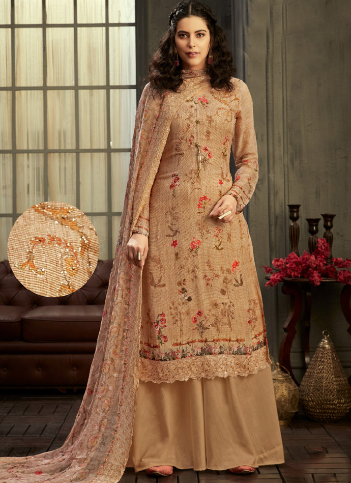 Eye-catching beige colored partywear printed palazzo suit