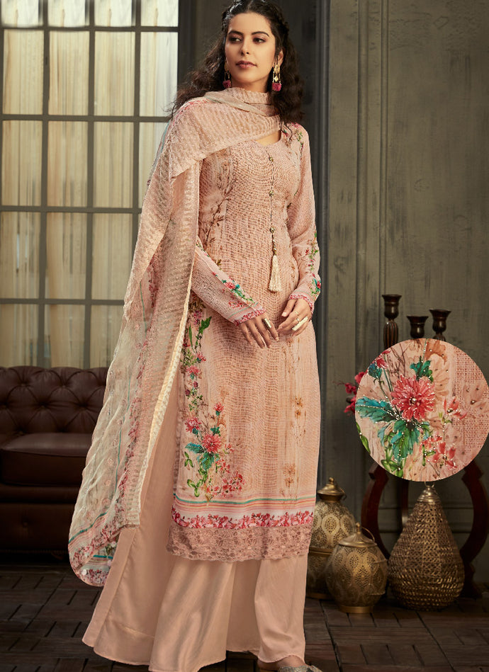 Magnificent peach colored georgette base printed palazzo suit