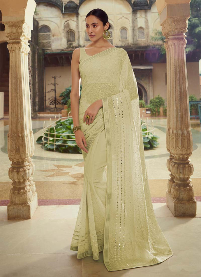 Artistic Georgette Silk base Pista Green color Saree with Thread And Mirror work