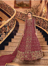 Load image into Gallery viewer, maroon Delightful heavy embroidered anarkali soft net base gown
