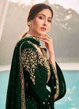 Load image into Gallery viewer, buy trendy forest green colored partywear heavy work palazzo suit
