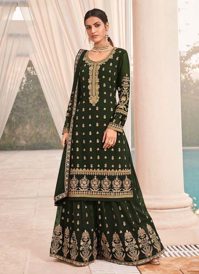 favorite green colored partywear heavy work palazzo suit