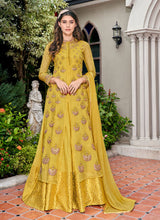 Load image into Gallery viewer, Marvelous Mustard yellow colored silk base slit cut Suit
