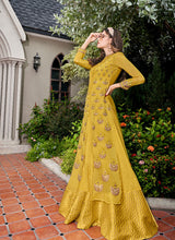 Load image into Gallery viewer, shop Marvelous Mustard yellow colored silk base slit cut Suit
