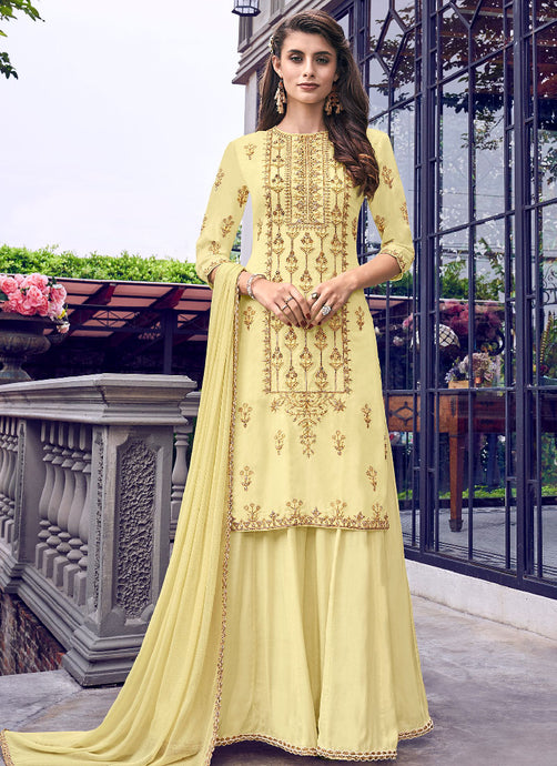 Luscious Lime yellow colored embroidered palazzo suit