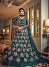 Load image into Gallery viewer, Dazzling Turquoise Color Soft Net Base Embroidery designer gown
