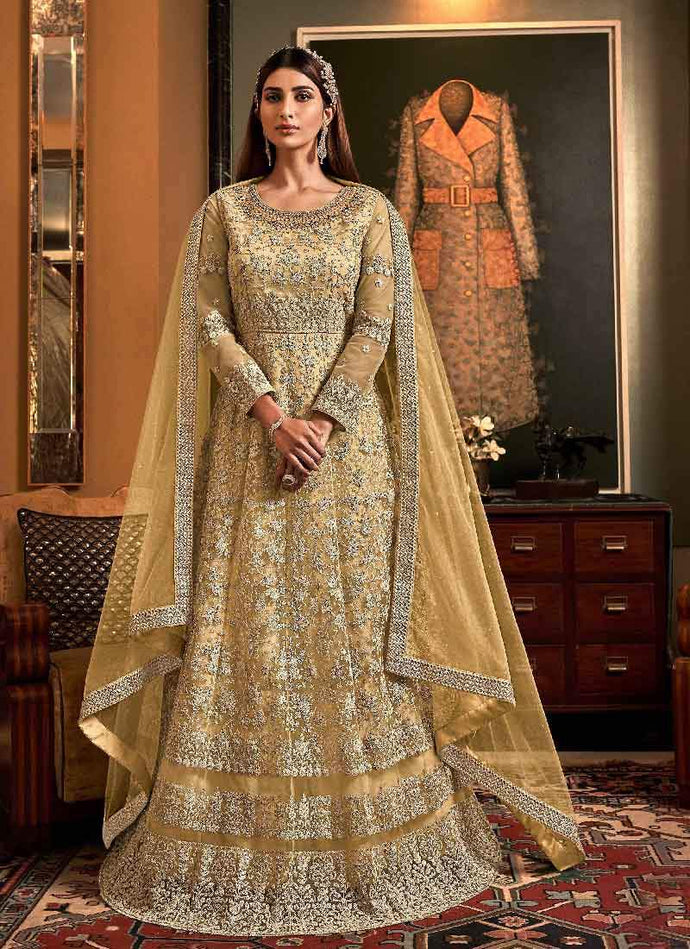 Stylish Yellow Color Soft Net Base Embroidery Work Anarkali Suit