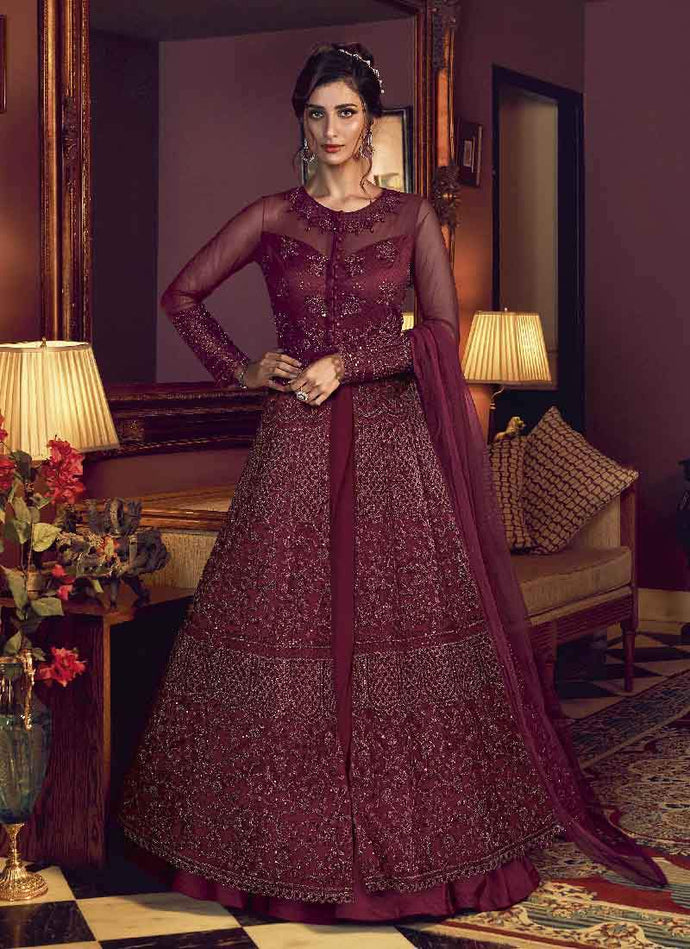 Fabulous Maroon color Net Base Heavy Embroidery Work Anarkali Suit With Dupatta Set