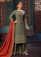 Load image into Gallery viewer, Dusty Green Color Georgette Fabric Zari Work Sharara Salwar Suit
