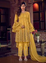Load image into Gallery viewer, yellow colored stone and Zari worked festive wear pant style suit
