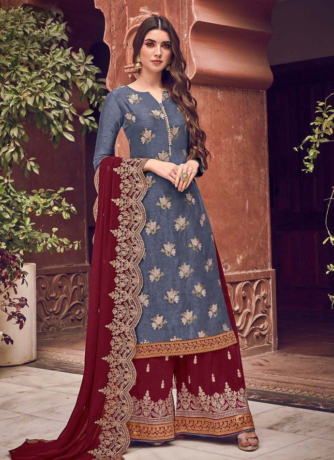 Royal Blue and Maroon colored Zari worked partywear Sharara Suit