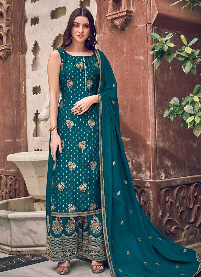 Stylish Blue colored embroidered work silk base palazzo suit