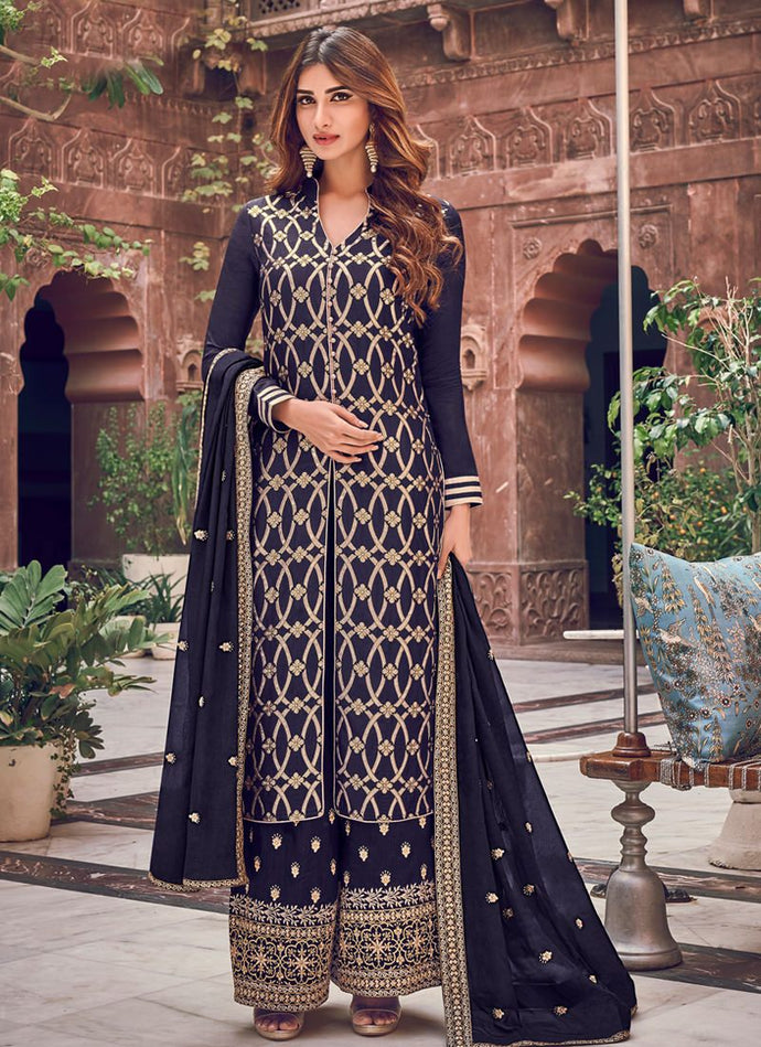 natty navy Blue colored Embroidered work designer Palazzo Suit