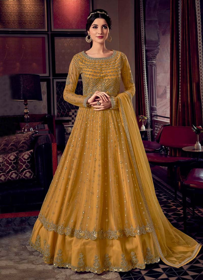 buy polite yellow colored heavy work embroidered gown