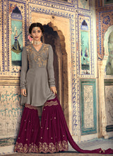 Load image into Gallery viewer, Grey Zari and Dori worked georgette base sharara suit
